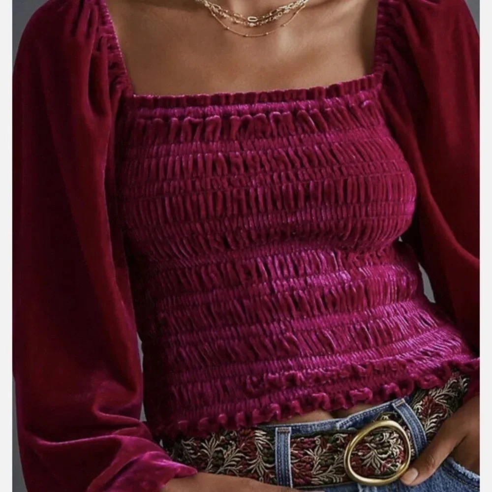 Anthropologie Magenta Pink Rose Smocked Velvet Puff Sleeve Peasant Blouse, M